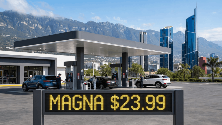 Letrero digital de gasolinera en San Pedro Garza García mostrando precio de gasolina Magna a $23.99 pesos por litro hoy